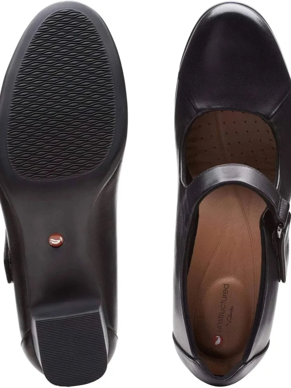 Clarks Black Leather Block Heel Mary Jane with Ankle Strap